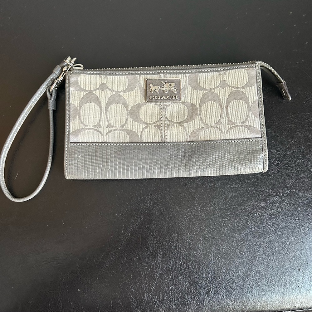 Coach Signature Grey Wristlet with Silver Metal Logo